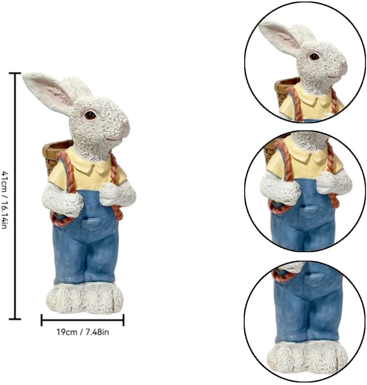 17'' Resin Rabbit Sculpture,Couple Rabbit Statue Flower Pot Blue White - Image 4
