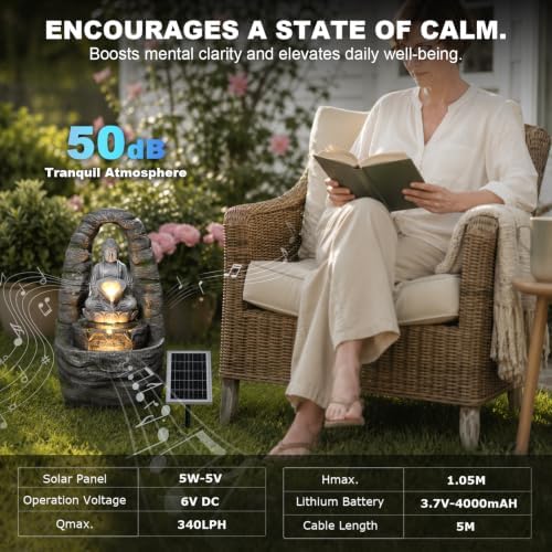 27.2" H Solar Water Fountain Outdoor with LED Lights, Zen Buddha Garden Water Feature with Cascading Flow for Patio Backyard Porch Decor - Image 5