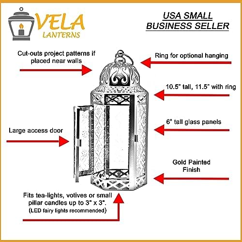 VELA LANTERNS 6pk Gold Moroccan Decor Candle Lantern, Decorative Candle Holder Lamp for Ramadan, Indoor Home Decor, Patio, Weddings, Table or Hanging, Assorted Colors, Medium - Image 5