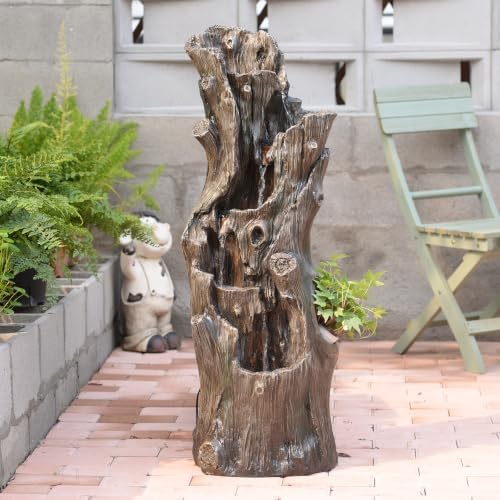 Outdoor Tree Stump Water Fountain with LED Lights Cascading Waterfall by KAISOKUFOUNTAIN