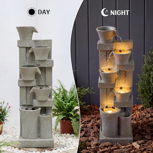 Redlife 49.6" Tall Outdoor Waterfall Fountain, 5-Tier Modern Stone-Look Garden Water Feature with Warm LED Lights & Adjustable Pump, Large Floor-Standing Waterproof Resin Fountain for Patio,Yard, Deck - Image 6
