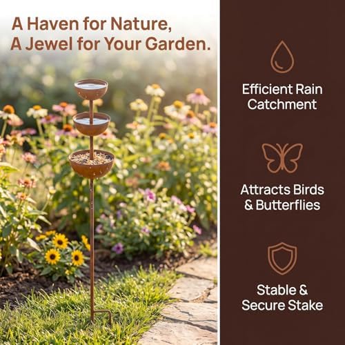 Water Barrels Rain Catcher from Gutter - Metal Flower Garden Stakes Bird Bath, 3-Tier Butterfly Feeder and Bird Water Bowl, Faux Rust Iron Garden Accessories Outdoor for Butterfly Garden Decor (1) - Image 4