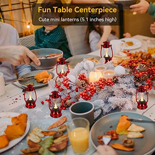 Red Mini Lanterns(12 Pcs-5.1in) with Flickering LED Candle Lights, Vintage Small Western Lanterns for Table Centerpiece, Indoor & Outdoor Christmas Tree Ornaments, Camping Party Decorations - Image 2
