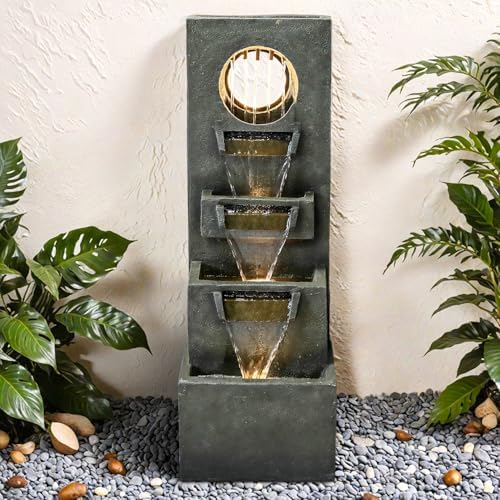 SunJet 39.3" Modern Cascading Indoor/Outdoor Fountains and Waterfalls with LED Lights - 4-Tier Larger Water Fountain for Garden, Patio, Yard, and Deck Decor - Relaxing Water Fountain Outdoor - Image 2