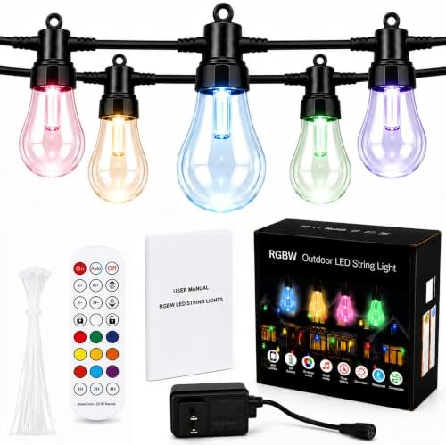 Outdoor Lights 50FT, RGBW Patio String Lights with App and Remote for Deck by vellxelzor