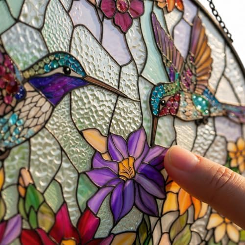 Window Hanging Suncatcher | 3D Embossed Stained Glass Hummingbird & Flowers Design | Diamond Glass Rainbow Catcher with Crystal Chime & Cat Hook Gift Set -Large - Image 2