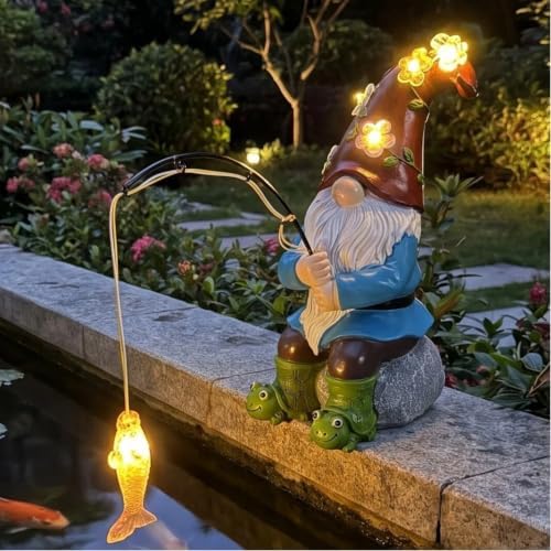 Solar Garden Gnome Statues Outdoor Statue Decor, Outdoor Fishing Gnome with Bee Solar Lights, Garden Figurines for Yard Decor Patio Porch Lawn Ornaments, Birthday Gifts for Mom, Thanksgiving by DHOBY+GHAUT
