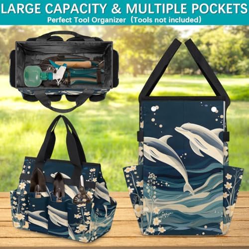Dolphin Garden Tool Bag Organizer Heavy Duty Sea Ocean Theme Gardening Tote Bag with 10 Pockets for Women Men Gardening Gifts - Image 4