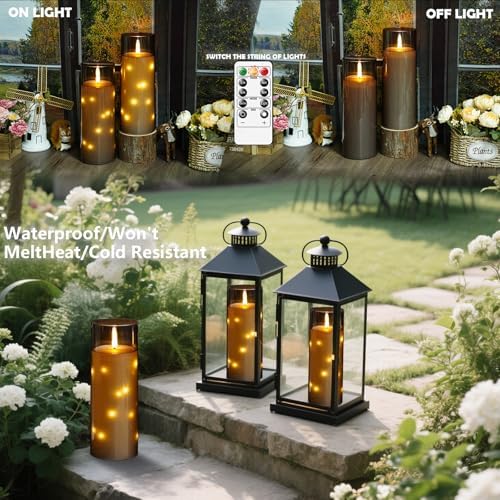 kakoya 11" x 4" Large Outdoor Waterproof Flameless LED Candles with Remote and Timer,Acrylic Pillar Candles Battery Operated with Embedded Star String for Porch,Patio,Outdoor Decor,Set of 2(Grey) - Image 2