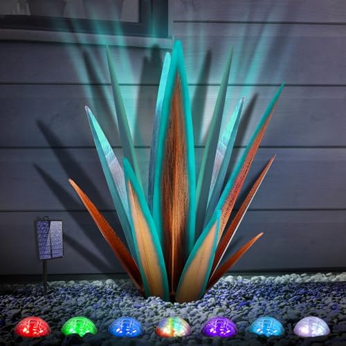 KODIBO 24" Large Metal Agave Plant Outdoor Decor with Solar Light, Blue by KODIBO