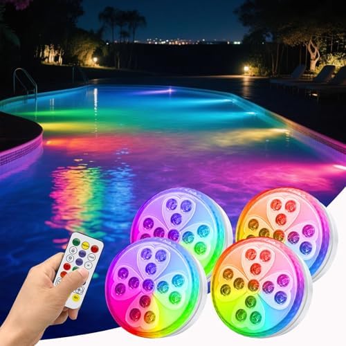 Pool Lights for Above Ground Pools, Rechargeable 10 Color Changing Submersible LED Lights with Remote & 6 Modes, IP68 Waterproof Underwater Light for Swimming Pool Fountain Pond Hot Tub (4 Pack) by VEEKINavigation