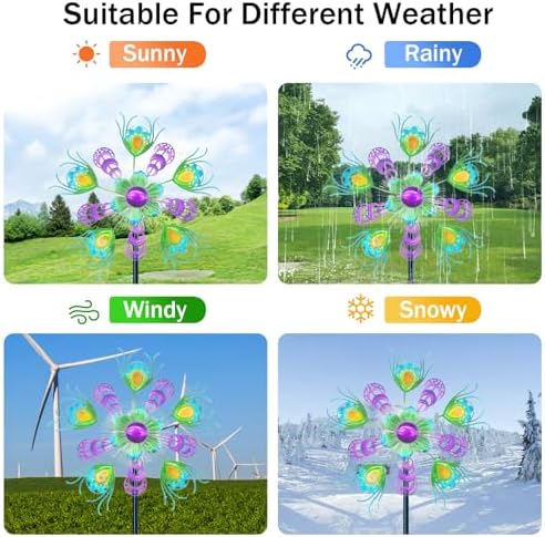 40" Solar Peacock Wind Spinners Garden Stake, Solar Wind Sculpture Yard Art Decorations for Lawn, Patio & Yard & Garden Decor, Metal Green Whirligigs Wind Spinners Outdoor - Image 4