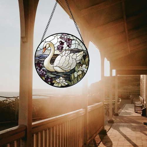 Stained Glass Window Hanging - White Swan Suncatcher for Door Garden Yard Landscape Sun Catchers Decor Christmas Mother's Day Birthday Children's Gifts for Women Mom Nana Friend 11.8 in - Image 3