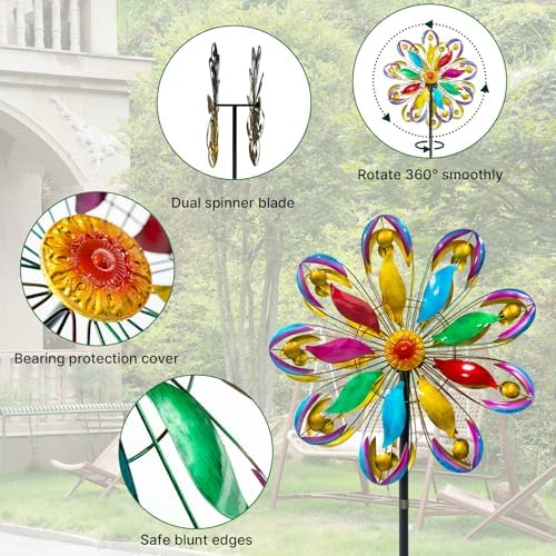 Wind Spinners Outdoor, 84" Large Metal Kinetic Wind Sculptures for Garden, Colorful Yard Art with 2 Piece Welcome Flag Decoration - Image 4