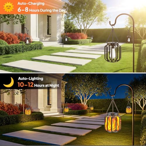 TomCare Solar Lights Outdoor 4 Pack Flickering Flame Metal Hanging Lanterns - Image 7