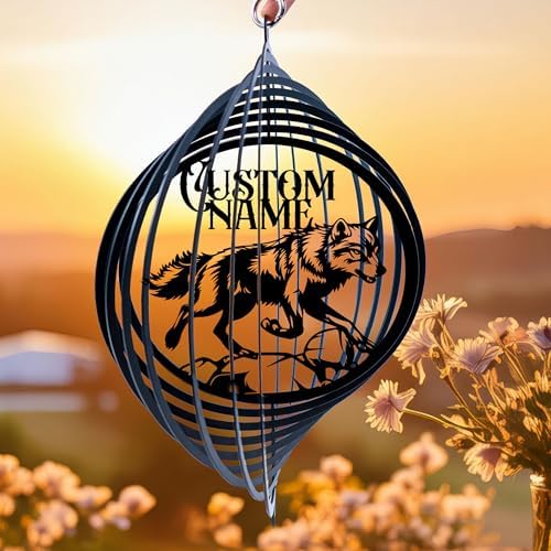 Personalized Wolf Metal Wind Spinner, Custom Wolf Spinner Hanging Indoor Outdoor Decor, Perfect House Warming Gifts New Home, Custom Gift for Grandmother, Mom, Dad, Wife, Daughter by CraftNameSign
