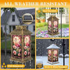 Solar Lantern Outdoor Waterproof Pink Tropical Flowers Stained Glass Garden Decor LED Hanging Solar Lights Tabletop Lamp Gifts for Women Mom Outside Yard Patio Porch - Image 3