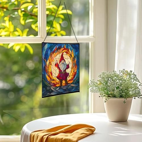 Fire Ring Gnome Dance Stained Glass Suncatcher – Square Hanging Window Panel for Home or Greenhouse – Whimsical Glass Art Gift for Garden Lovers, Christmas, Halloween, Father Days GdB5ES - Image 3