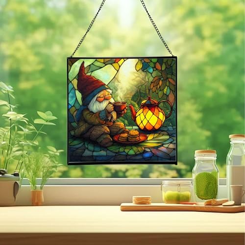 Gnome Tea Time Stained Glass Suncatcher – Square Hanging Window Panel for Home or Greenhouse – Whimsical Glass Art Gift for Garden Lovers, Christmas, Halloween, Father Days F4WpeI - Image 2
