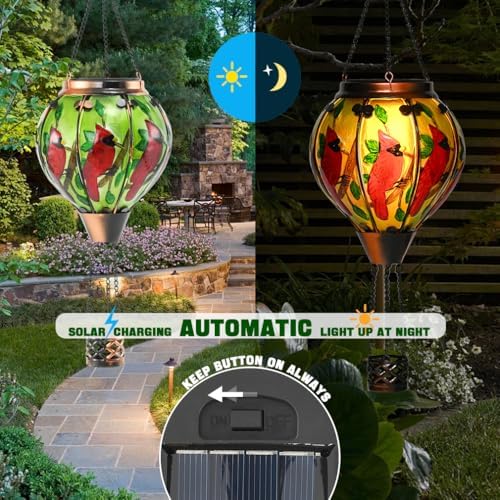 Hot Air Balloon Solar Lantern - Cardinal Bird Glass Lantern, Simulated Flickering & Dancing Flame, Outdoor Hanging Yard Light Waterproof IP65 for Patio Lawn Porch Decor Gift - Image 3