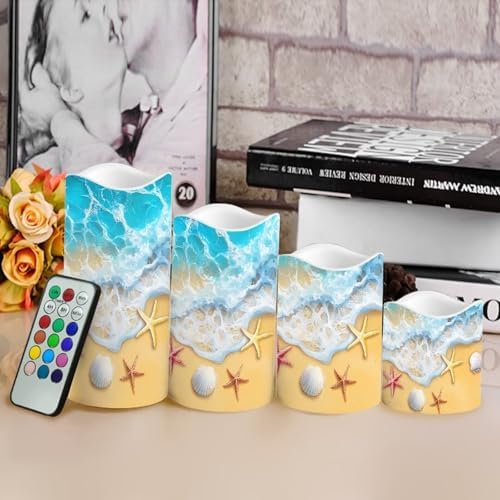 Beach Shell Starfish Flameless Candles with Remote Timer Flickering LED Pillar Candles Color Changing Set of 4 Home Table Beach Wedding Decoration - Image 4