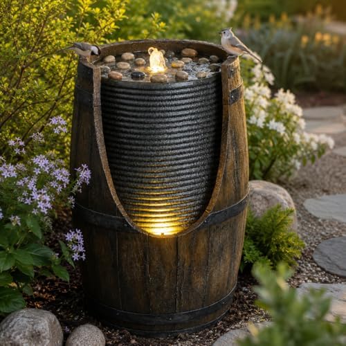 Rustic Barrel Garden Fountain with LED Lights by Noeko