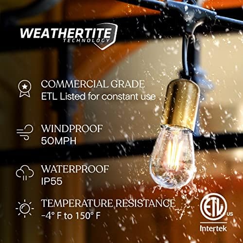Brightech Glow LED String Lights - 48 Ft Commercial Grade Patio Lights with Beautiful Brass Accents - Outdoor Waterproof Globe Porch String Lights for Outside, Backyard, Gardens - 15 2W LED Bulbs - Image 4