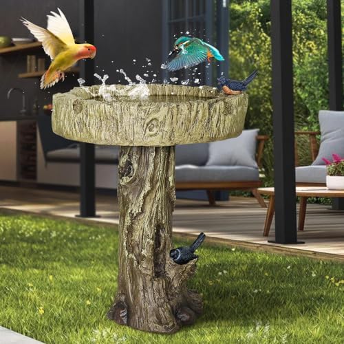 watnature 24.4” H Fibre Reinforced Concrete Outdoor Garden Bird Bath with Birds, Woodland Tree Trunk Decoration Yard Statue，Pedestal Birdbaths for Outdoors, Garden, Patio, Lawn, Backyard by watnature