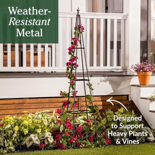 Evergreen Metal Garden Obelisk Trellis for Climbing Plants Outdoor, Indoor Plant Trellis for Potted Plants, Floral Pattern Arch Trellis (Black, 6 ft. Pyramid) - Image 2