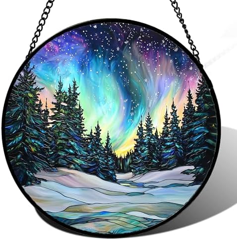 Aurora Landscape Stained Glass Window Hanging Suncatcher Xmas Gifts 15" by DASTOLL