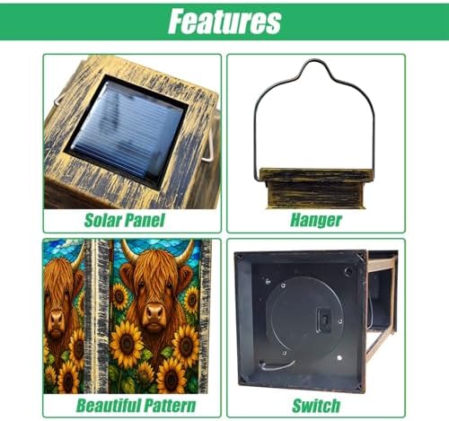 Solar Lantern Highland Cow Sunflowers Stained Glass Style Outdoor Waterproof Hanging Solar Light Outside Lights for Patio Yard House Lawn Decor Birthday Gifts for Women Mom - Image 3