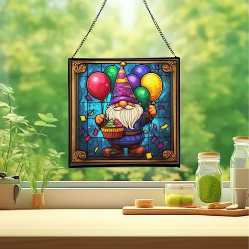 Birthday Balloon Gnome Stained Glass Suncatcher – Square Hanging Window Panel for Home or Greenhouse – Whimsical Glass Art Gift for Garden Lovers, Christmas, Halloween, Father Days mKbNDa - Image 2