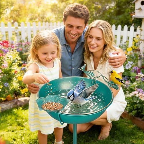 Mellbree Bird Bath for Outside 13", Metal Freestanding 13" Dia 39" H Lake Blue Gold Gilding Birdbath with Perch & Feeder Bowl, Multi-Functional for Garden Patio Yard Lawn Outdoor Decor - Image 2