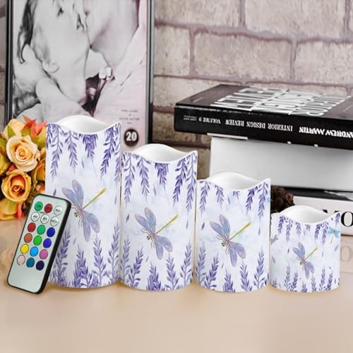 Purple Dragonfly Floral Flickering Flameless Candles Pillar LED Candles with Remote and Timer Set of 4 Color Changing Battery Operated Candles for Home Decoration - Image 4