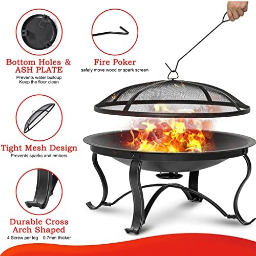 SINGLYFIRE 29 inch Fire Pits for Outside Firepit Outdoor Wood Burning Bonfire Pit Steel Firepit Bowl for Patio Backyard Camping,with Ash Plate,Spark Screen,Log Grate,Poker, bronze - Image 3