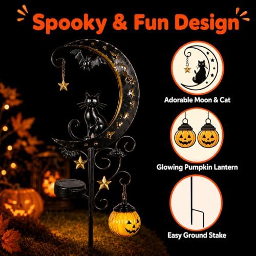 Halloween Solar Garden Stake Light Crescent Moon Black Cat - Image 2