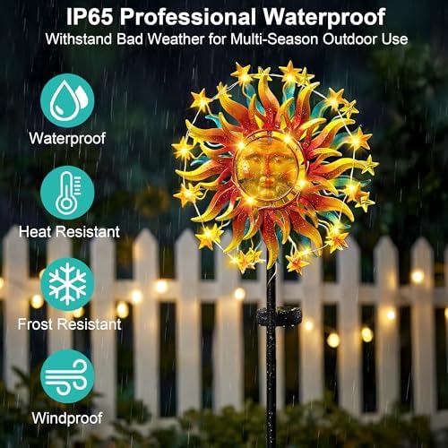 60.3" Solar Wind Spinner with Lights, Double-Sided Sun Face Metal Garden Spinner with Kinetic Back Blades, Solar LED Outdoor Yard Art Decor for Patio Lawn Garden - Image 4