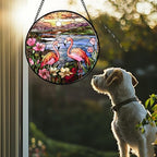 Stained Glass Window Hanging - Flamingo Wildflowers Landscape Suncatcher for Door Terrace Garden Home Decor Sunset Lake Sun Catcher Birthday Gifts for Lovers Women Men Dad Mom Nana 9.8 in - Image 3
