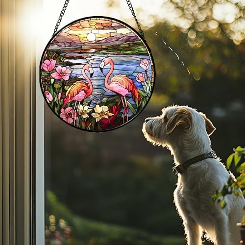 Stained Glass Window Hanging - Flamingo Wildflowers Landscape Suncatcher for Door Terrace Garden Home Decor Sunset Lake Sun Catcher Birthday Gifts for Lovers Women Men Dad Mom Nana 15 in - Image 5