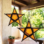 VELA LANTERNS Set of 2 Decorative Hanging Star Candle Lanterns – Moroccan Style Amber Glass & Metal Tealight Holders for Indoor, Outdoor, Patio, and Home Decor by VelaCandleLanterns
