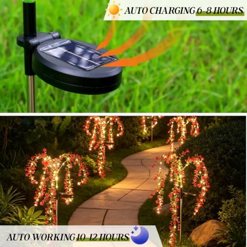Solar Garden Lights Outdoor Waterproof, 4 Pack Solar Flower Lights Outdoor with Red Eucalyptus Flowers & 2 Lighting Modes, Decorative Solar Lights Outdoor for Yard Patio Lawn Decor, Gifts - Image 3