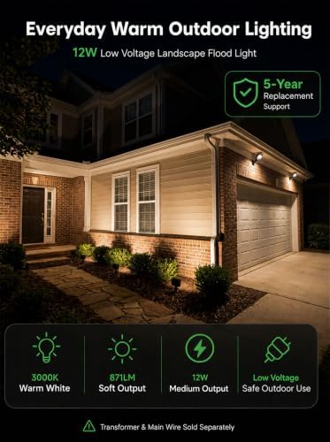 12V Landscape Flood Light, 12W 871LM, IP65 3000K Black, 4 Pack - Image 2