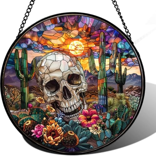 9.84 Inch Sunset Desert Skull Stained Glass Window Hanging Sun Catchers Indoor Window Suncatchers for Windows Hanging Spring Home Garden Decor Panel Gifts for Mom Grandma by Unknown