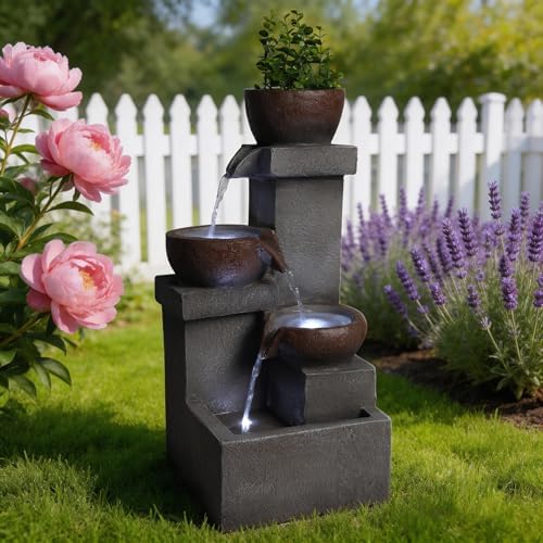 Tiered Cascading Jar Waterfall Outdoor Water Fountain, Resin Garden Water Feature with LED Lights for Patio & Garden Decor by Unknown