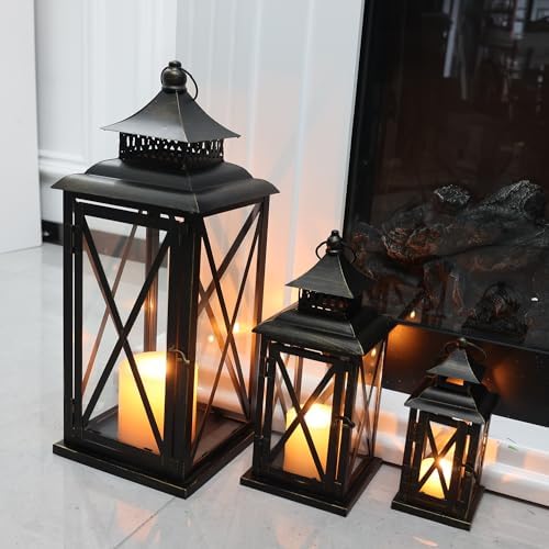 3PCS (20’’&13’’&9’’) Lanterns Decorative Indoor & Outdoor, Vintage Metal Frame Candle Holders for Front Porch, Patio, Pathway, Balcony, Garden, Yard Decor, Halloween Christmas Decorations - Image 2