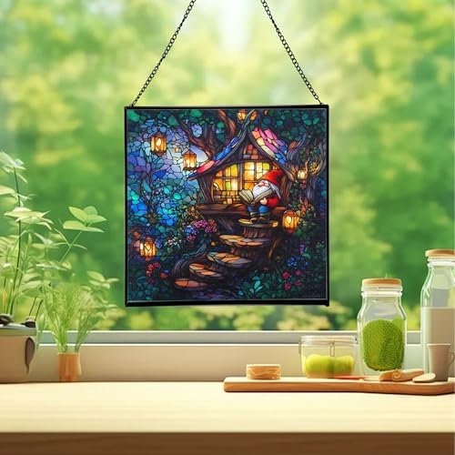 Gnome Reading in Treehouse Stained Glass Suncatcher – Square Hanging Window Panel for Home or Greenhouse – Whimsical Glass Art Gift for Garden Lovers, Christmas, Halloween, Father Days Nmi7V5 - Image 2