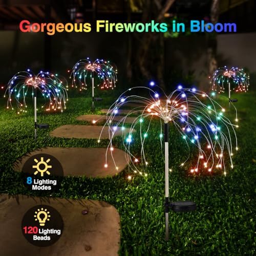 Lewondr 4 Pack Firework Solar Garden Lights Outdoor 8 Modes - Image 2