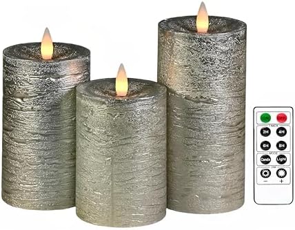 Shiny Metallic Silver Flameless Pillar Candles, Patented 3D Realistic Moving Flickering Flame with Remote Timer, Battery Operated 400hrs for Wedding, Holiday, Party, Decor, Gift(Set of 3) by CozierGlow