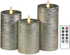 Shiny Metallic Silver Flameless Pillar Candles, Patented 3D Realistic Moving Flickering Flame with Remote Timer, Battery Operated 400hrs for Wedding, Holiday, Party, Decor, Gift(Set of 3) by CozierGlow