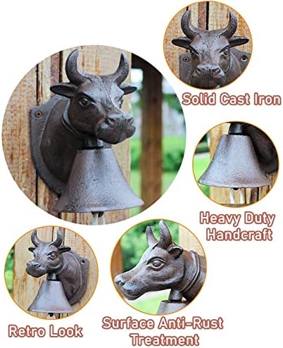 Heavy Duty Cast Iron Wall Bell, Wall Mounted Dinner Bell Metal Wall Art Decoration for Indoor Outdoor Garden Home, Bull Head Design - Image 7